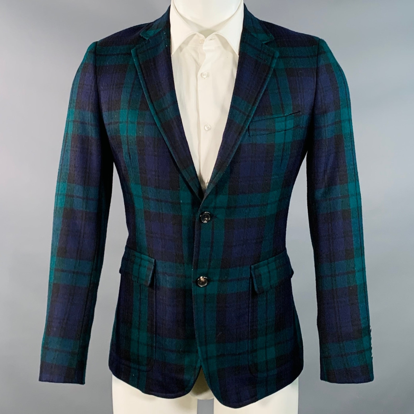Band Of Outsiders 40 Regular Green Blue Plaid Wool Twill Notch Lapel Sport Coat